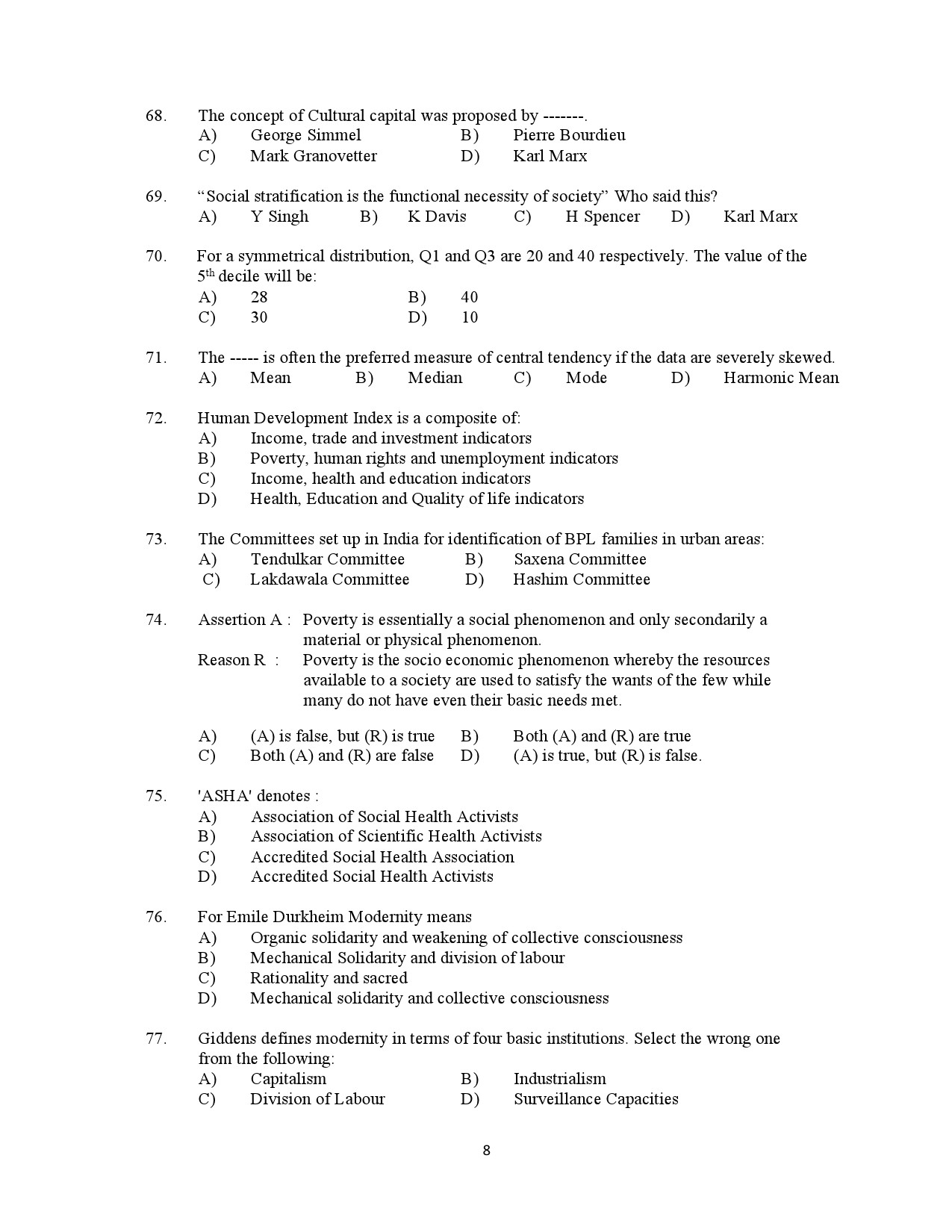 Kerala SET Sociology Exam Question Paper July 2021 8