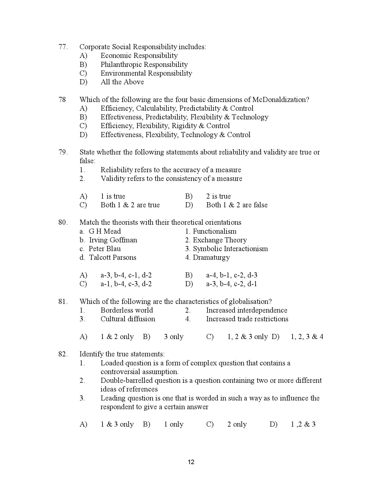 Kerala SET Sociology Exam Question Paper July 2023 12