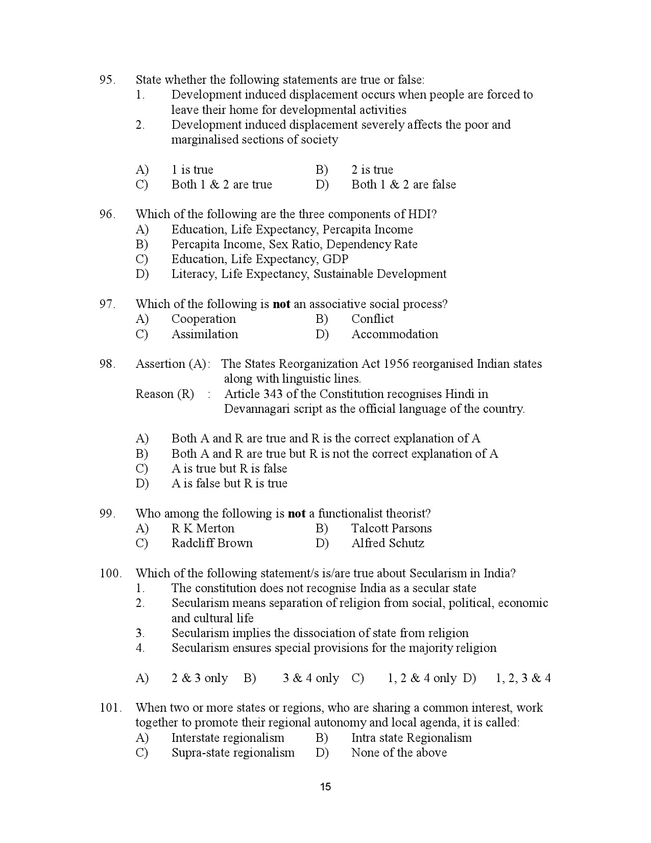 Kerala SET Sociology Exam Question Paper July 2023 15