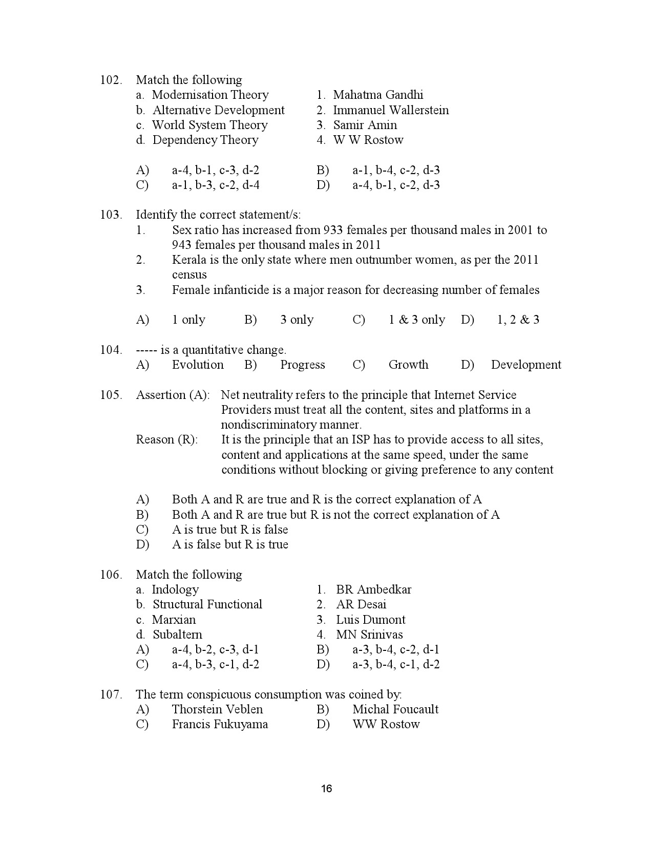 Kerala SET Sociology Exam Question Paper July 2023 16