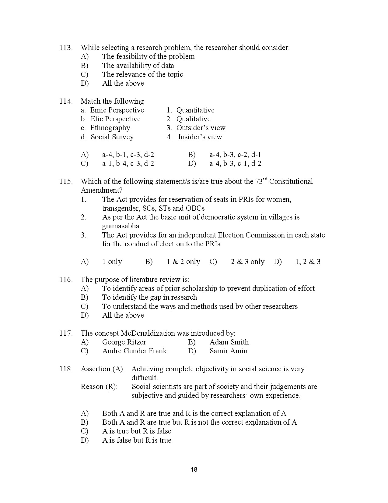 Kerala SET Sociology Exam Question Paper July 2023 18