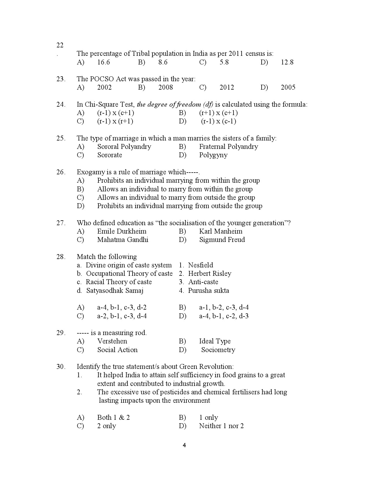 Kerala SET Sociology Exam Question Paper July 2023 4