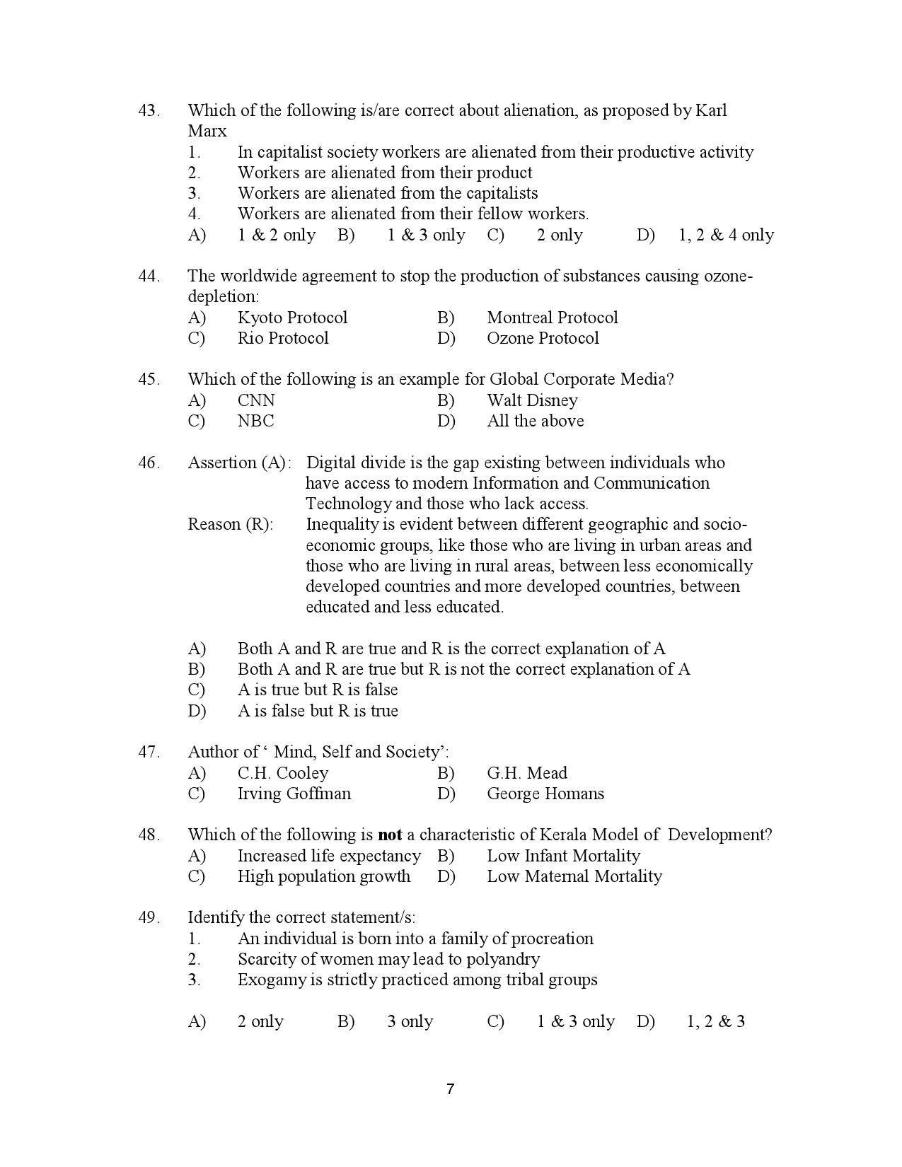 Kerala SET Sociology Exam Question Paper July 2023 7