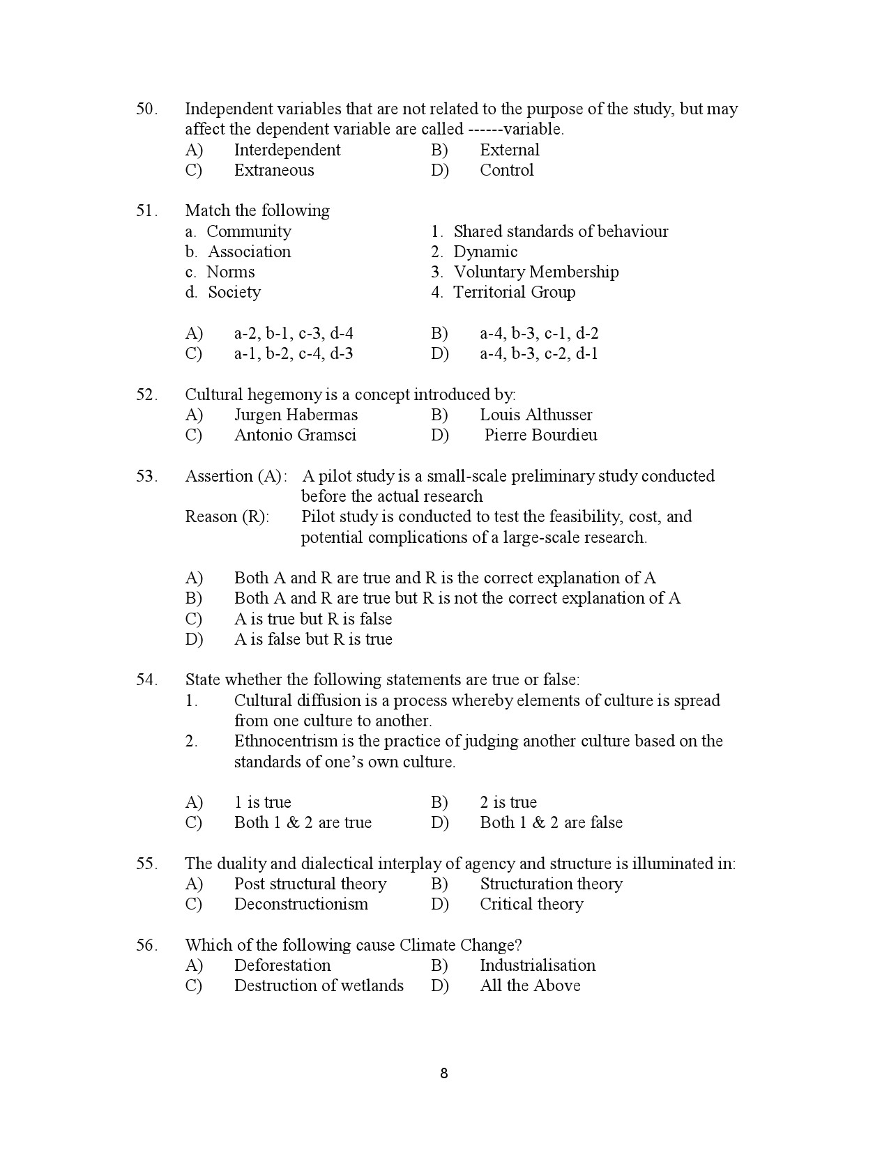 Kerala SET Sociology Exam Question Paper July 2023 8