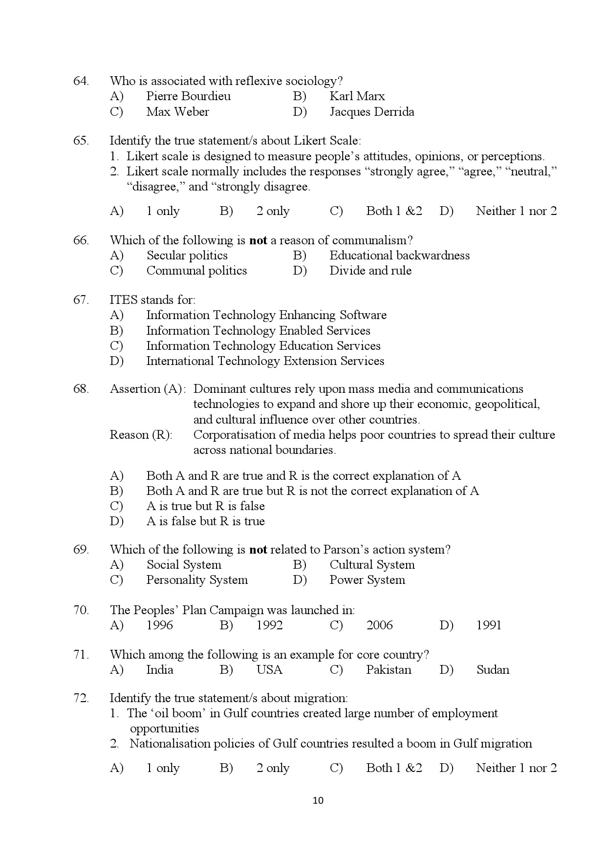 Kerala SET Sociology Exam Question Paper July 2024 10