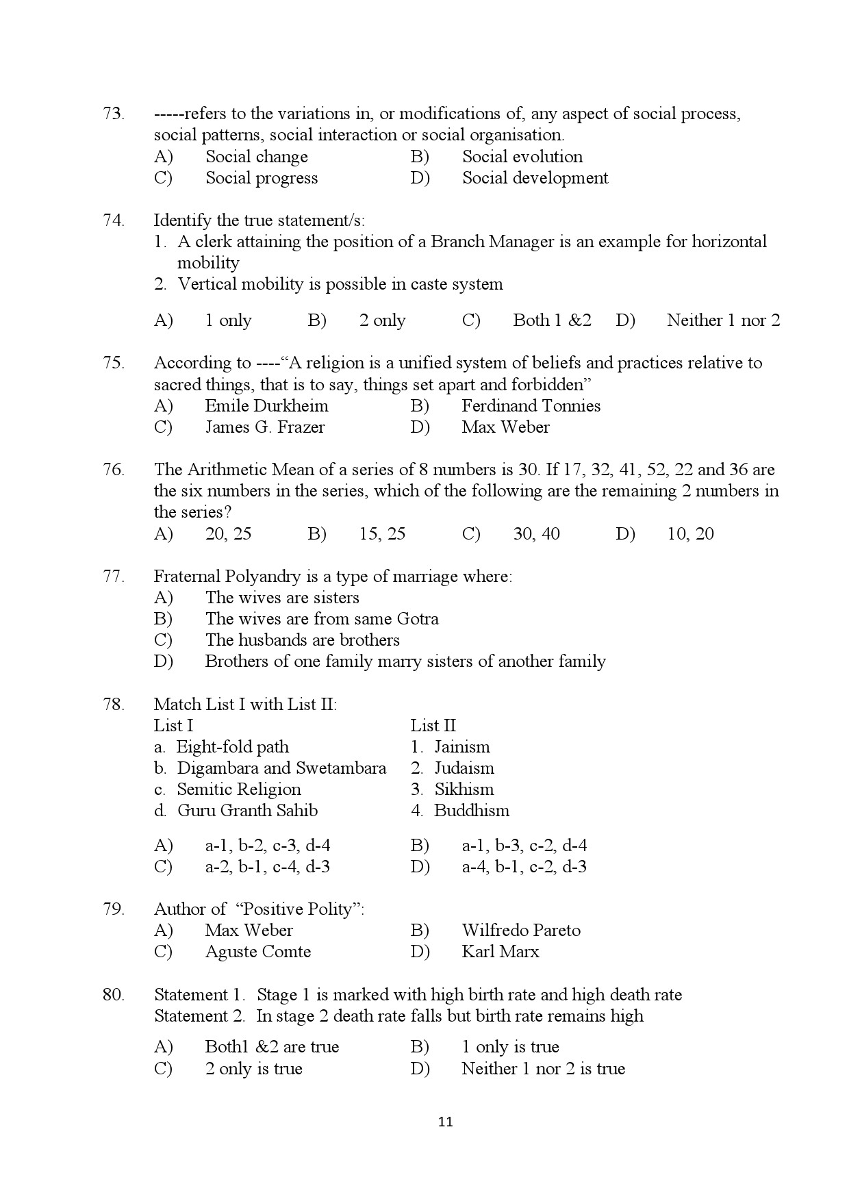 Kerala SET Sociology Exam Question Paper July 2024 11