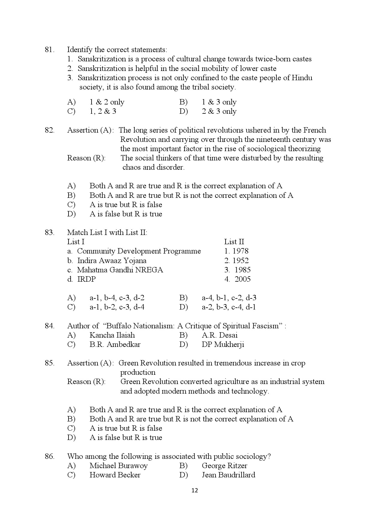 Kerala SET Sociology Exam Question Paper July 2024 12