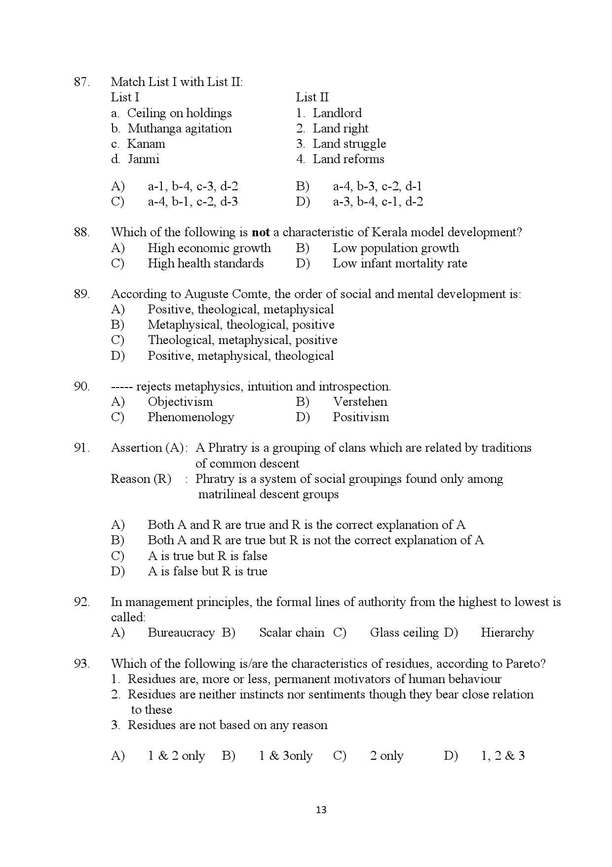 Kerala SET Sociology Exam Question Paper July 2024 13