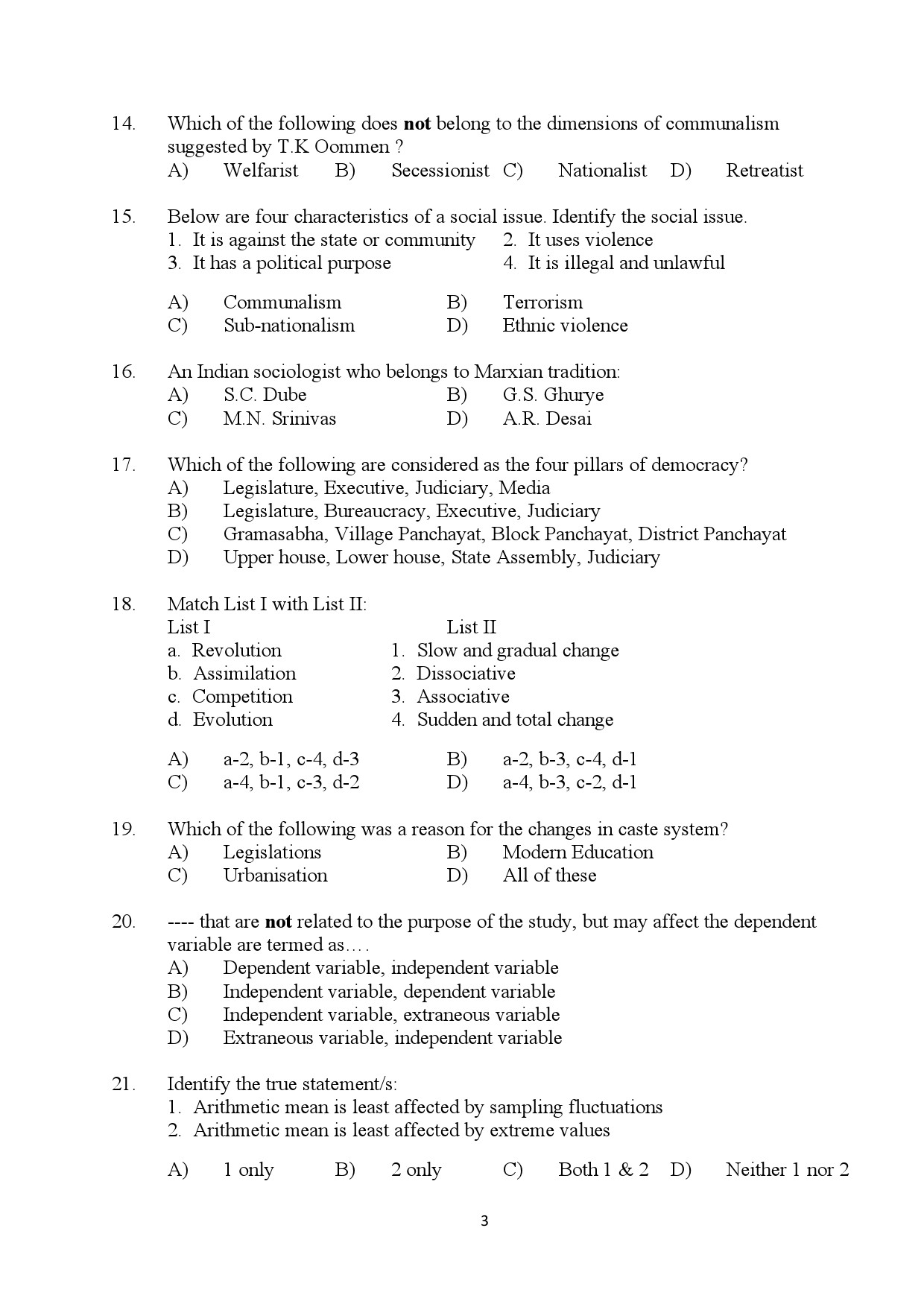 Kerala SET Sociology Exam Question Paper July 2024 3