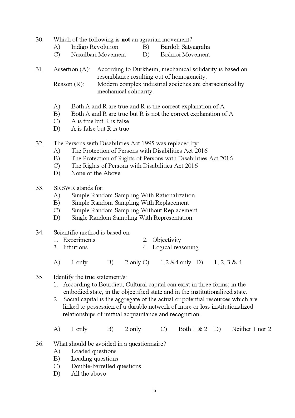 Kerala SET Sociology Exam Question Paper July 2024 5