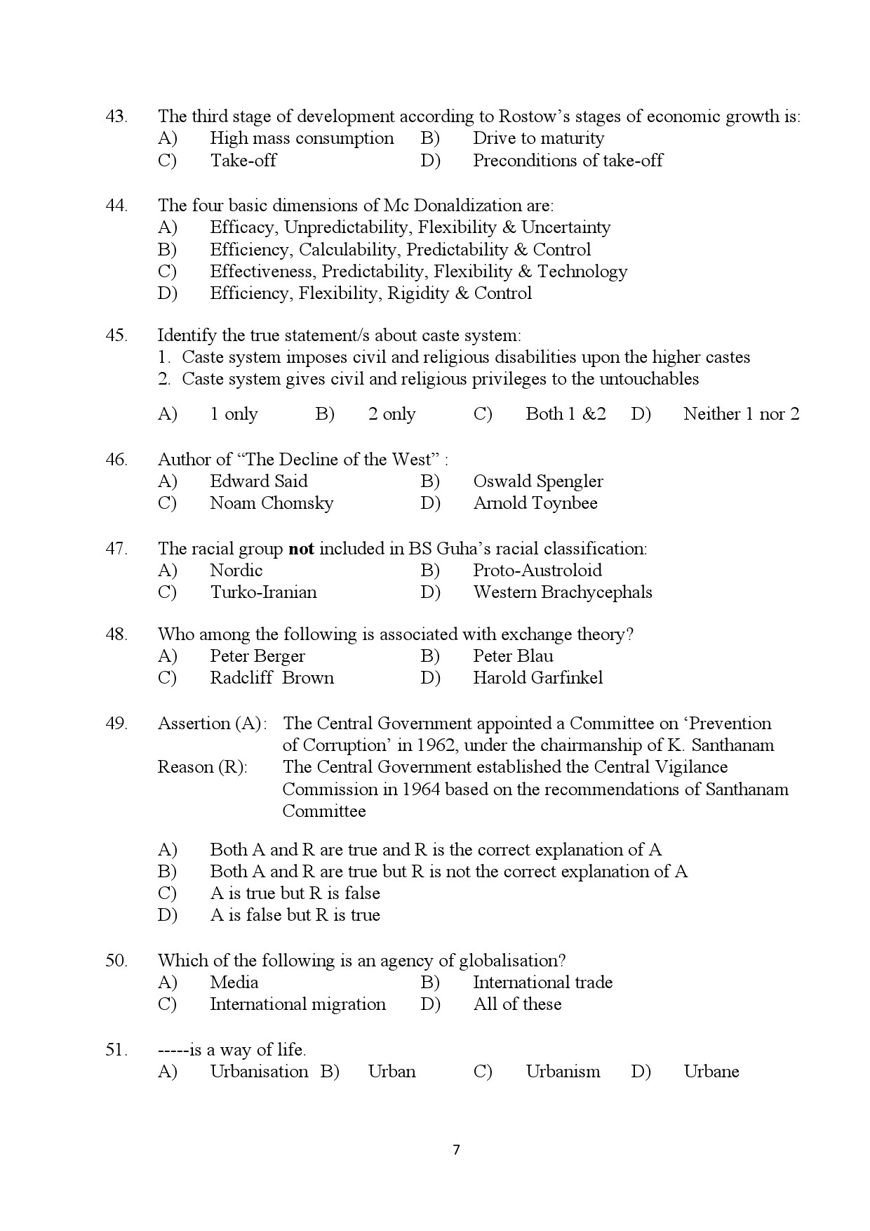 Kerala SET Sociology Exam Question Paper July 2024 7