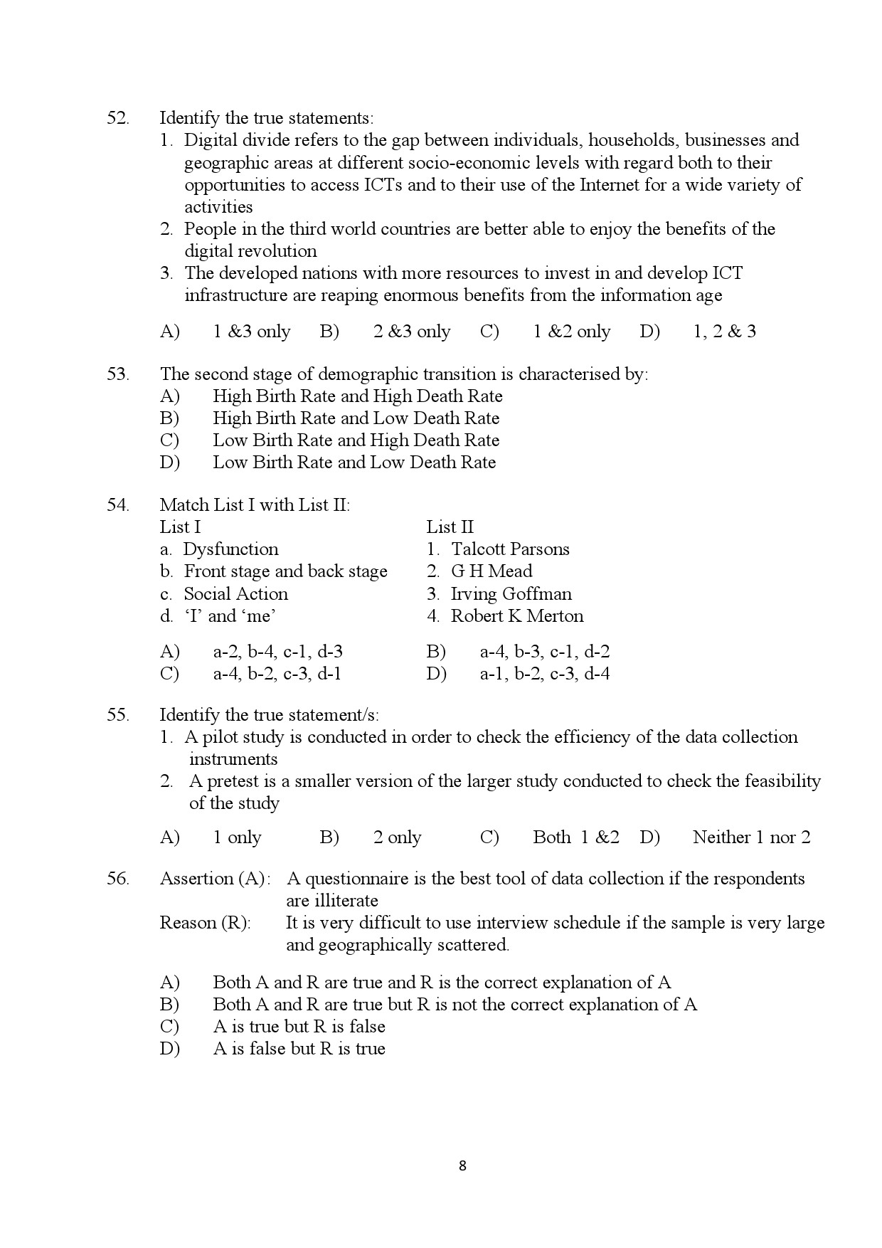 Kerala SET Sociology Exam Question Paper July 2024 8