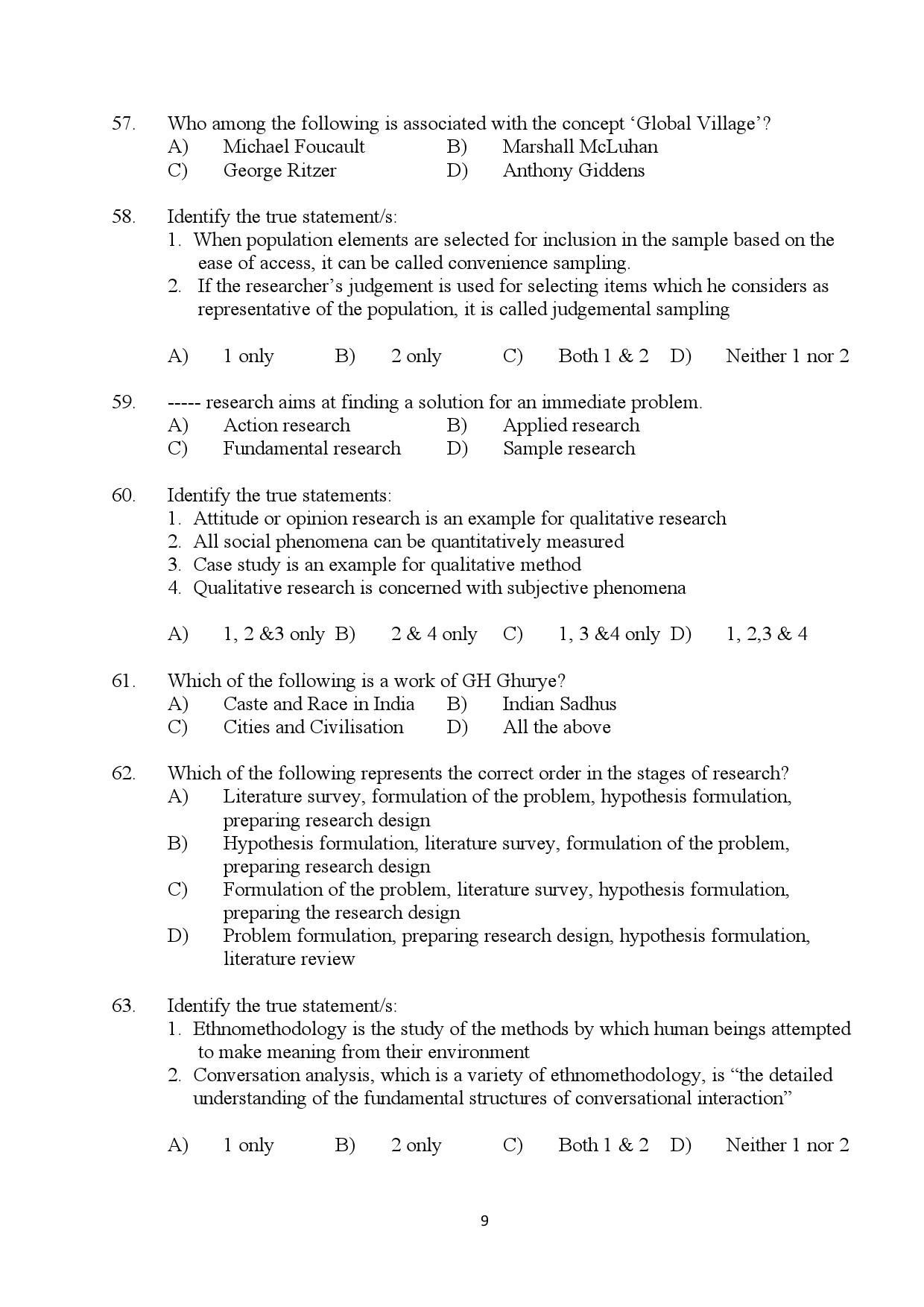 Kerala SET Sociology Exam Question Paper July 2024 9