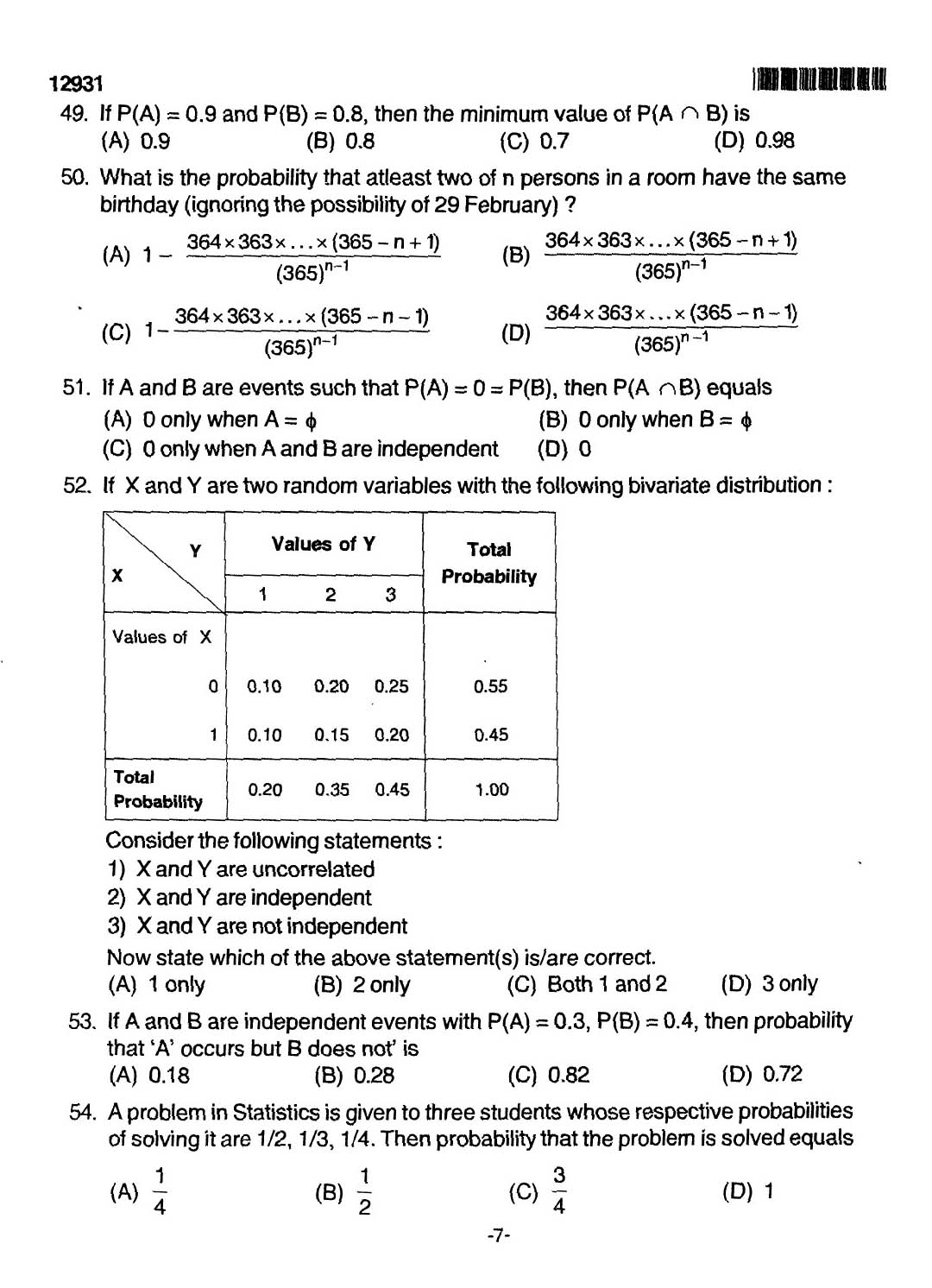 Kerala SET Statistics Exam 2012 Question Code 12931 7