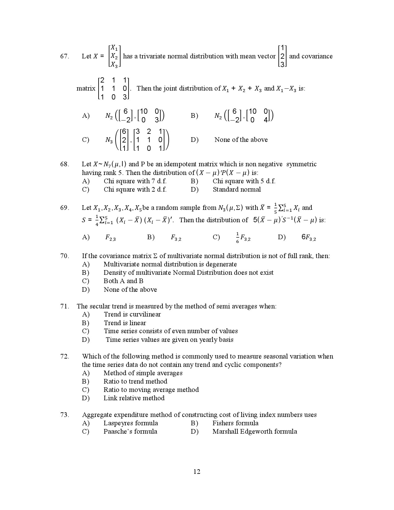 Kerala SET Statistics Exam Question Paper January 2023 12