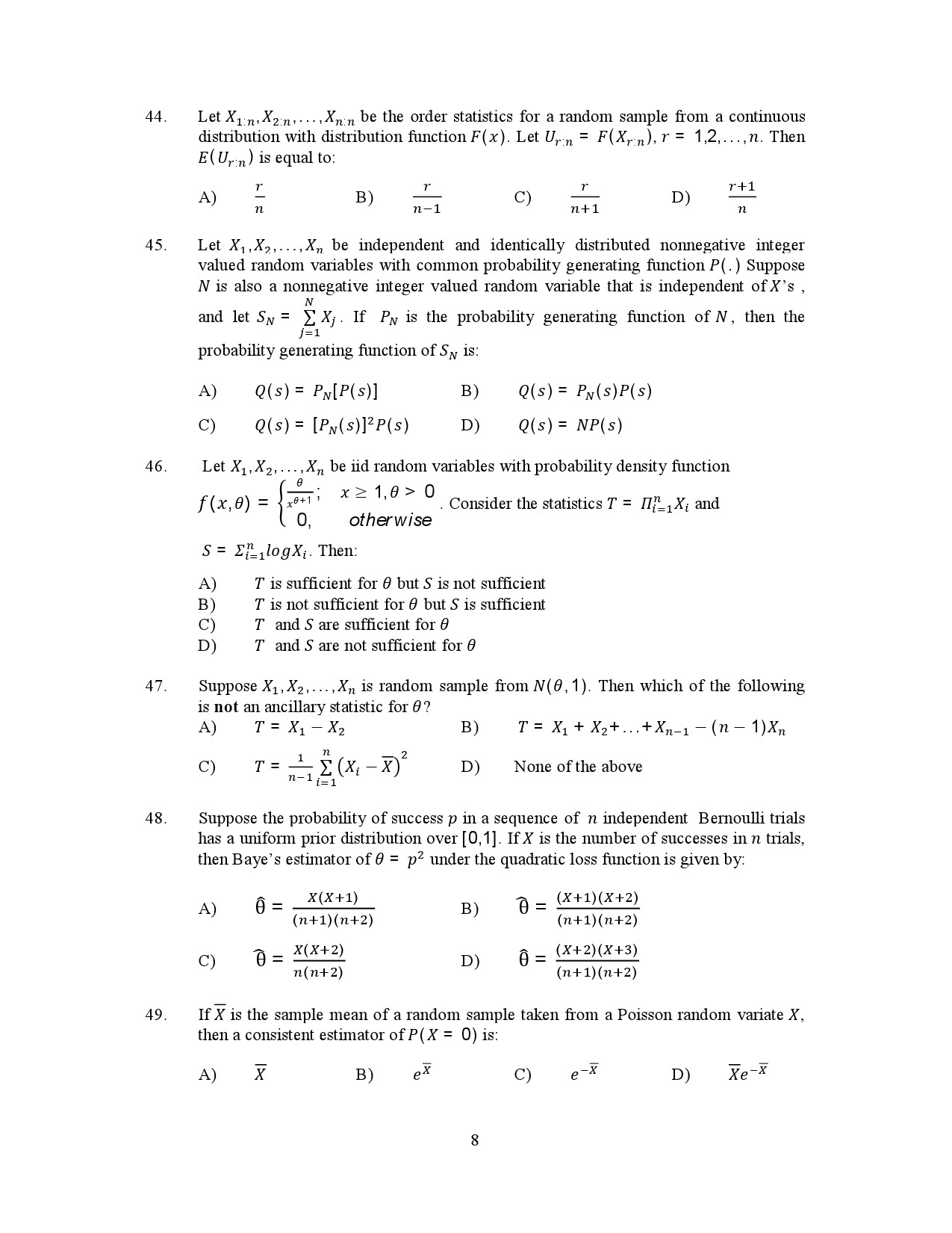 Kerala SET Statistics Exam Question Paper January 2023 8