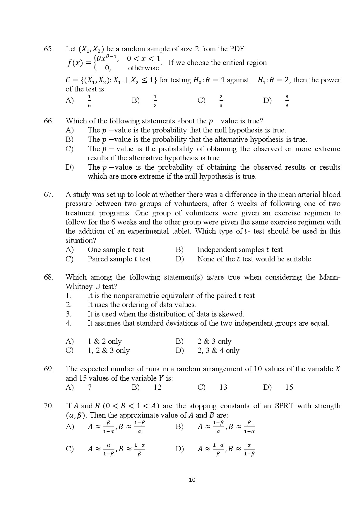 Kerala SET Statistics Exam Question Paper January 2024 10