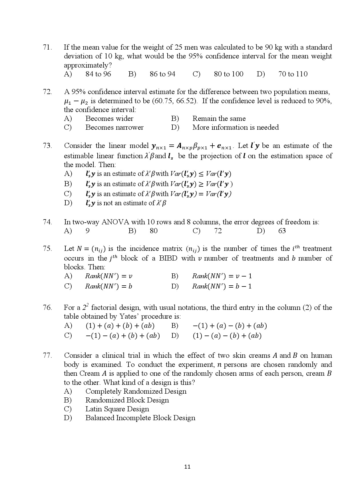 Kerala SET Statistics Exam Question Paper January 2024 11