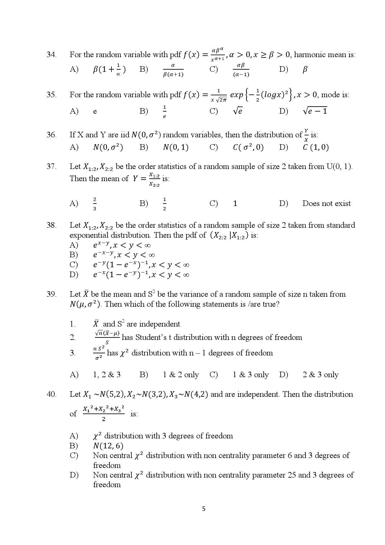 Kerala SET Statistics Exam Question Paper January 2024 5