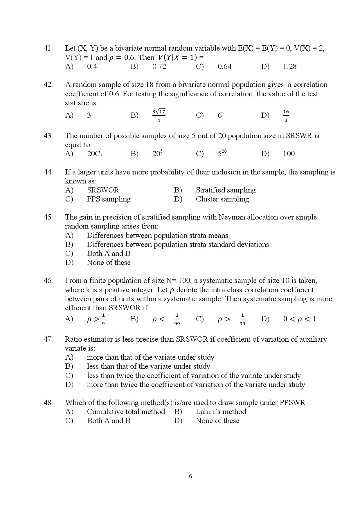 Kerala SET Statistics Exam Question Paper January 2024 6