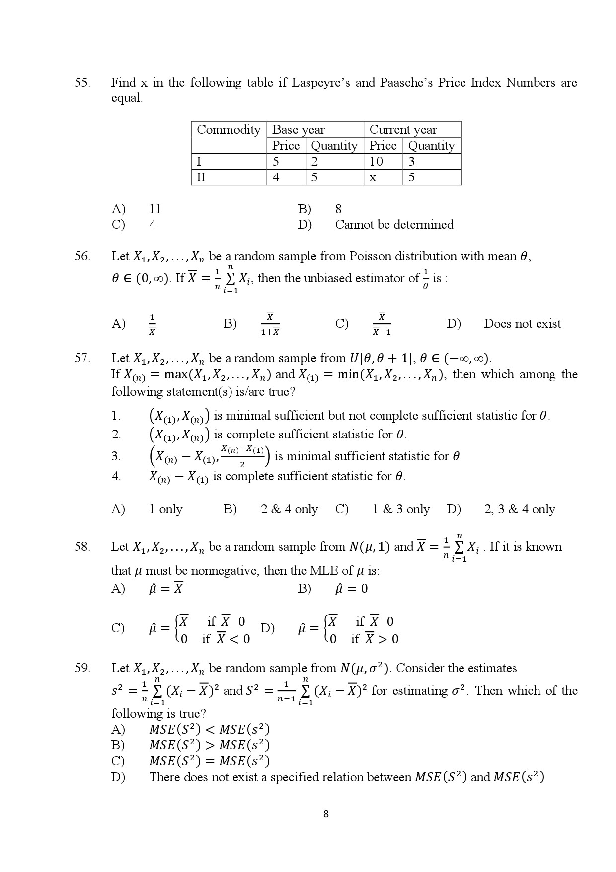 Kerala SET Statistics Exam Question Paper January 2024 8