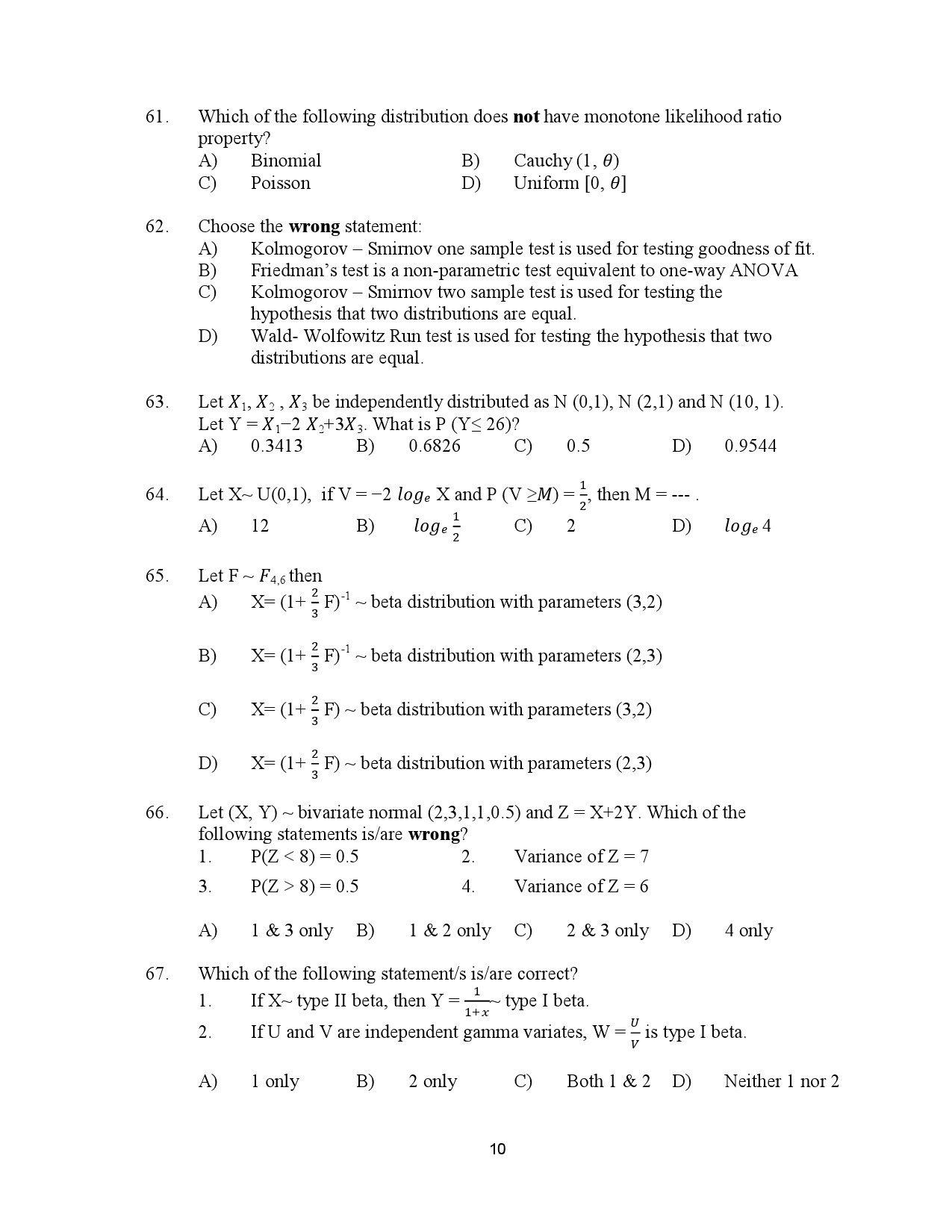 Kerala SET Statistics Exam Question Paper July 2023 10