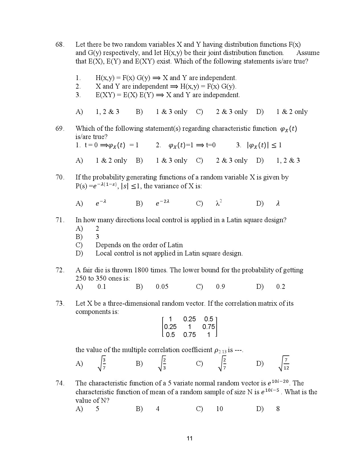 Kerala SET Statistics Exam Question Paper July 2023 11