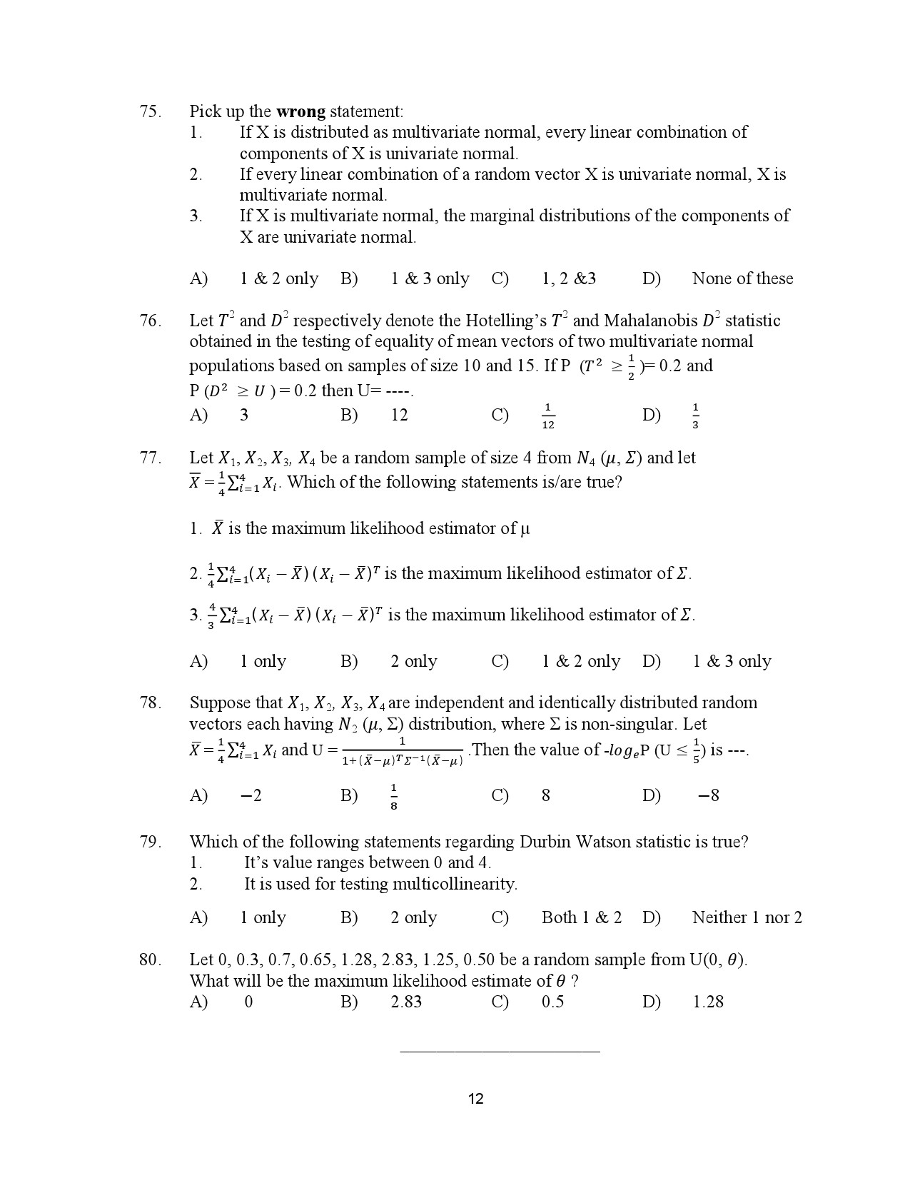 Kerala SET Statistics Exam Question Paper July 2023 12