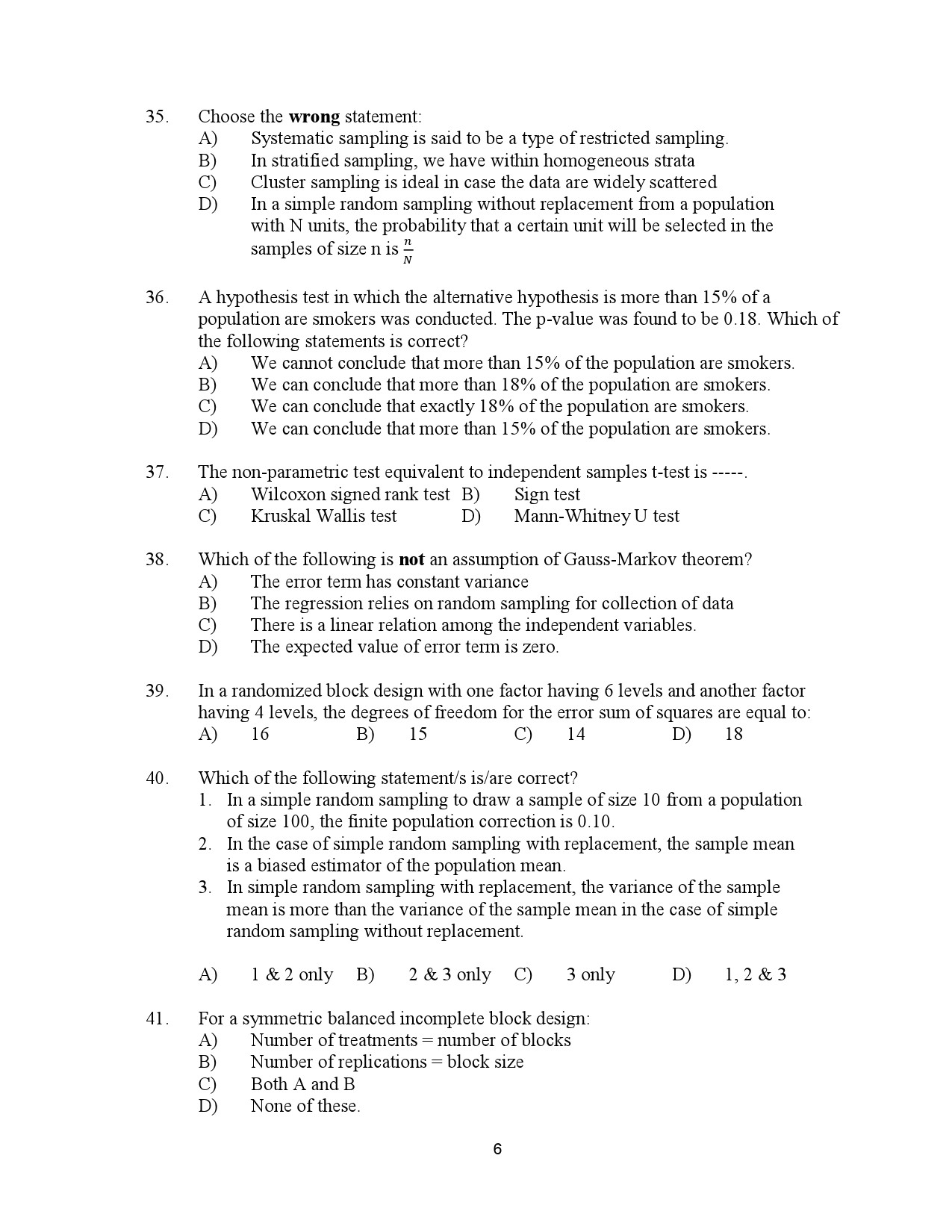 Kerala SET Statistics Exam Question Paper July 2023 6