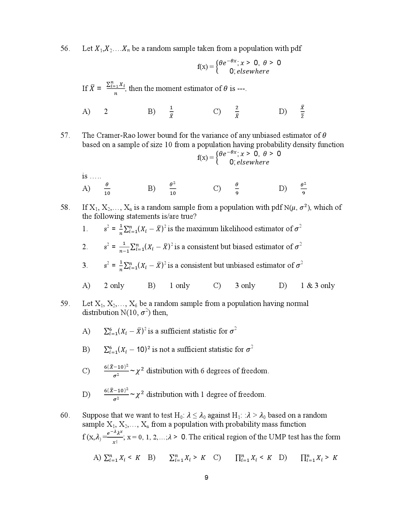 Kerala SET Statistics Exam Question Paper July 2023 9