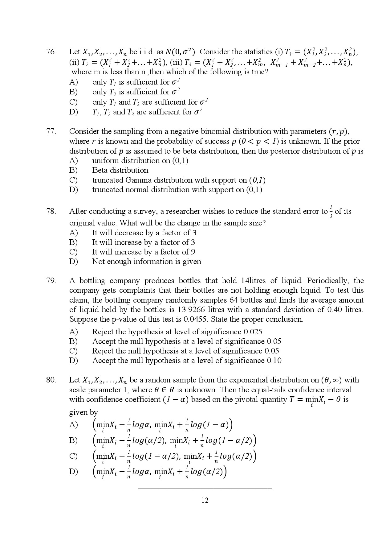 Kerala SET Statistics Exam Question Paper July 2024 12