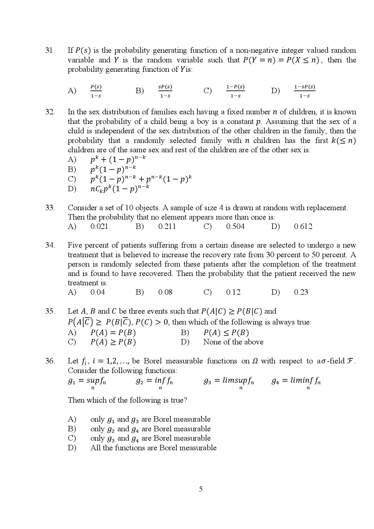 Kerala SET Statistics Exam Question Paper July 2024 5