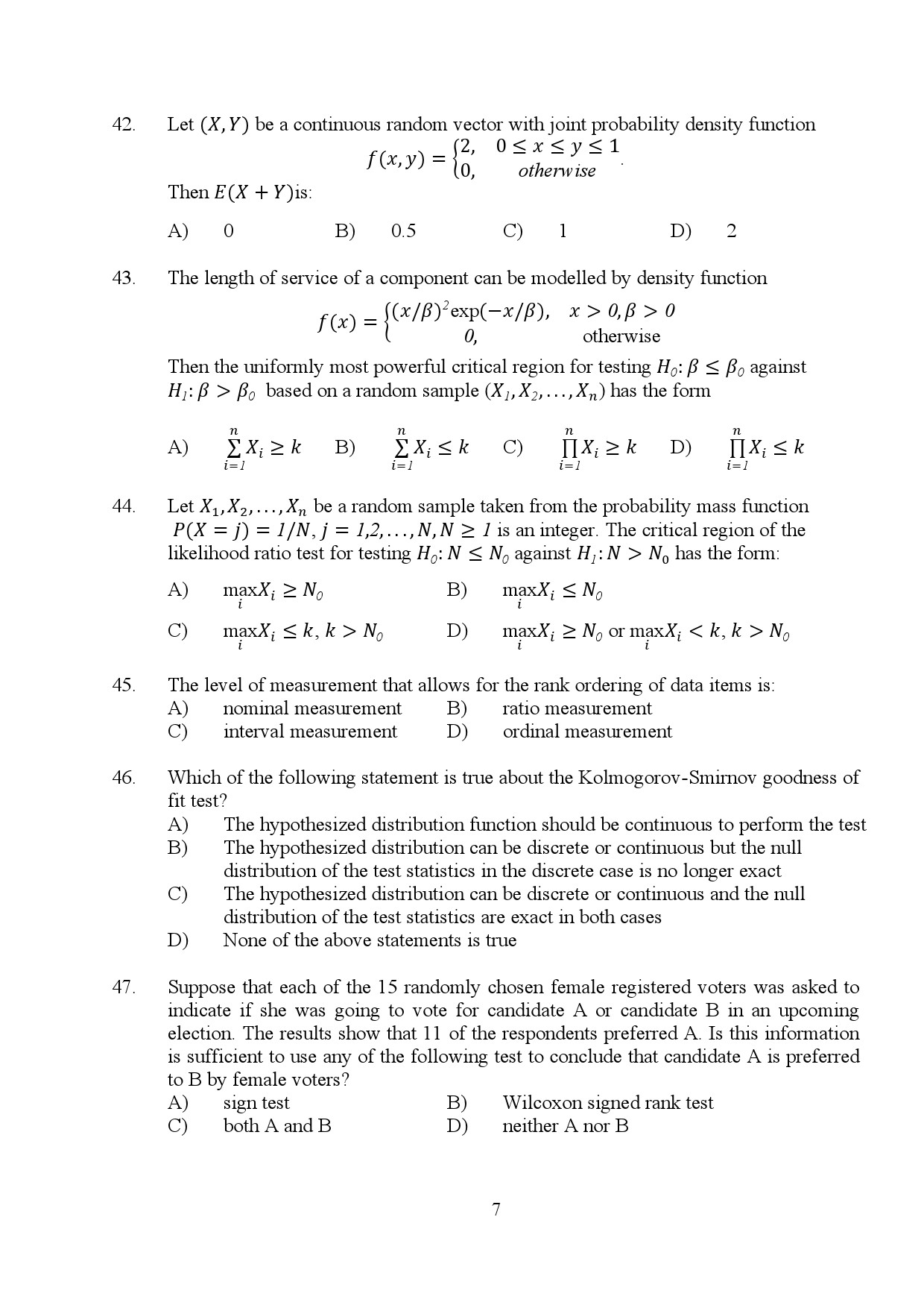 Kerala SET Statistics Exam Question Paper July 2024 7