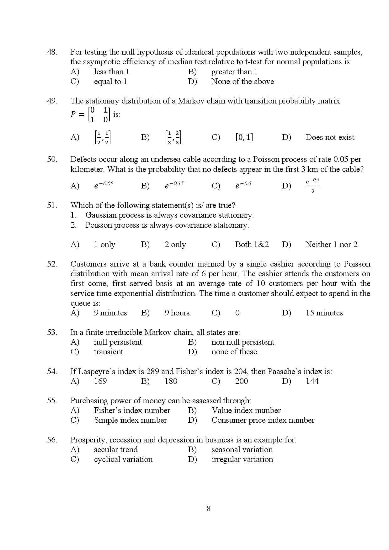 Kerala SET Statistics Exam Question Paper July 2024 8