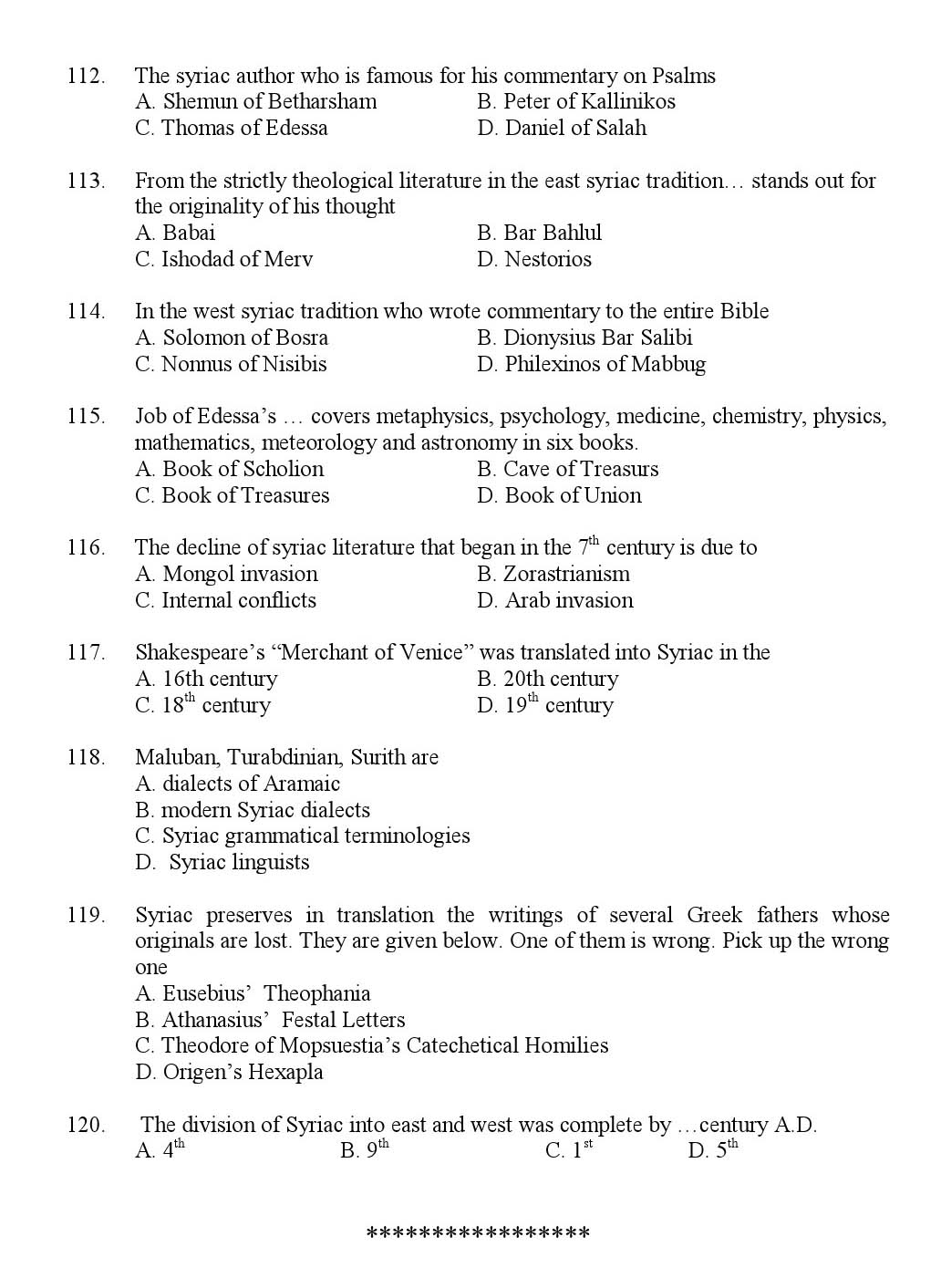 Kerala SET Syriac Exam 2012 Question Code 12932 10