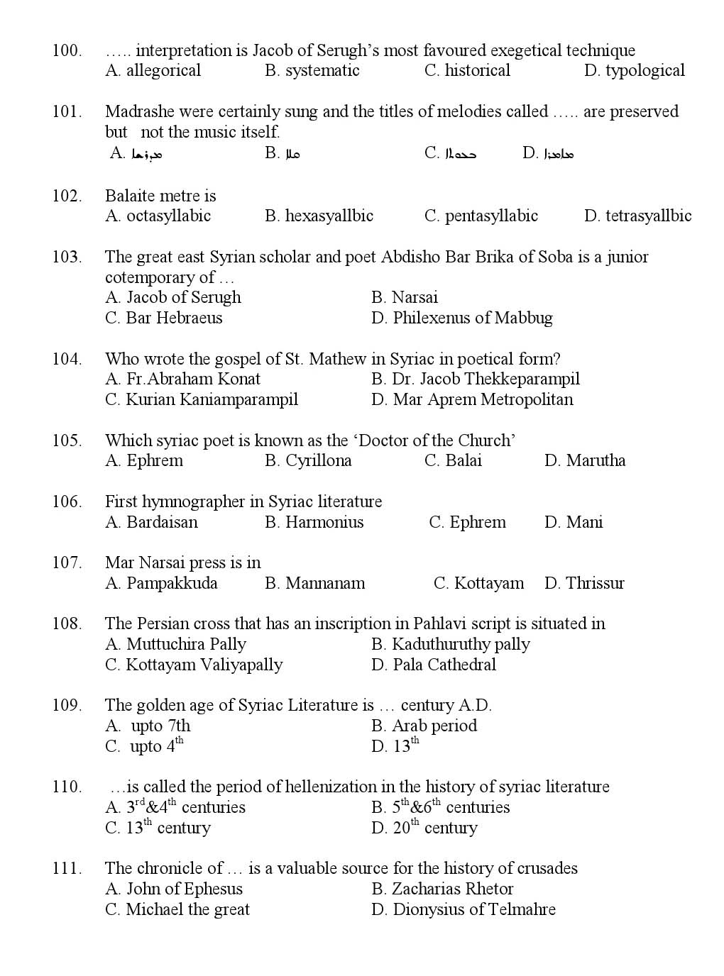 Kerala SET Syriac Exam 2012 Question Code 12932 9