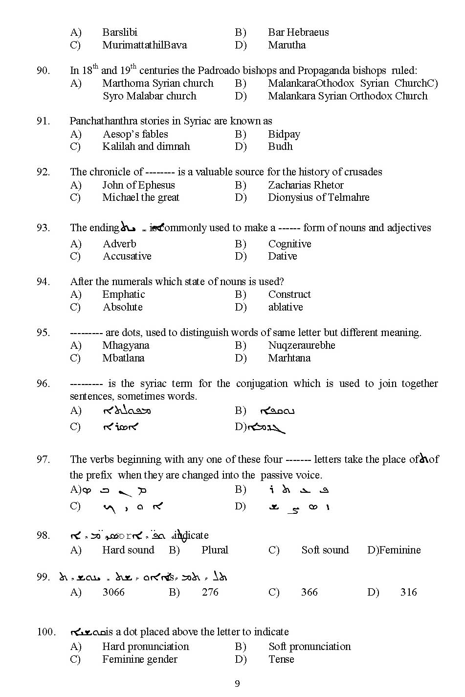 Kerala SET Syriac Exam 2014 Question Code 14232 9