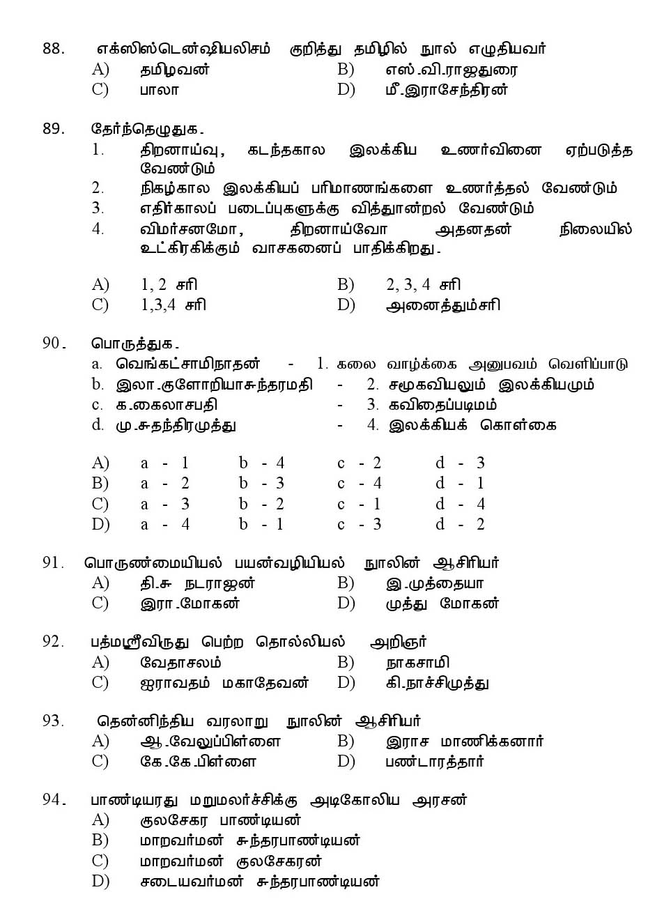 Kerala SET Tamil Exam 2013 Question Code 13633 13