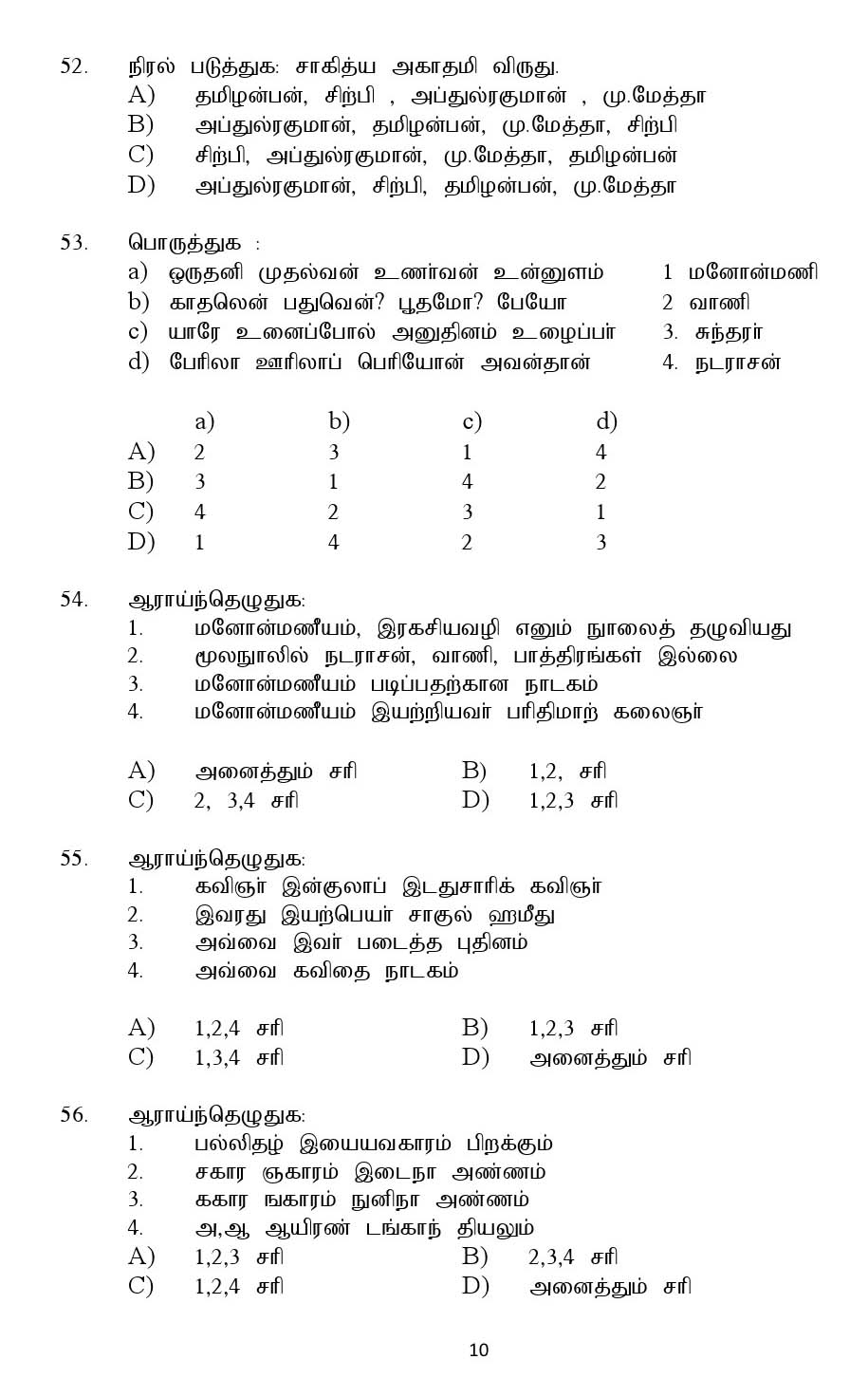 Kerala SET Tamil Exam 2016 Question Code 16633 A 10