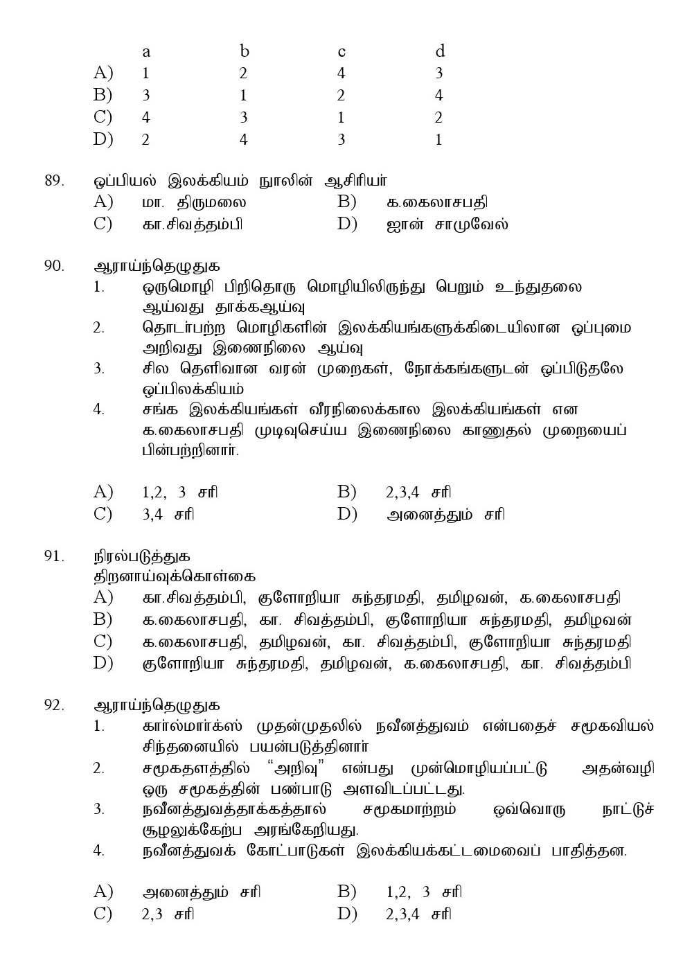Kerala SET Tamil Exam 2016 Question Code 16633 A 18