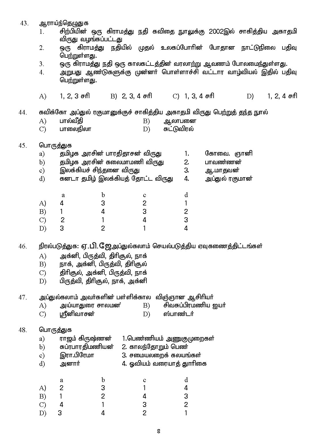 Kerala SET Tamil Exam 2017 Question Code 17233 A 8