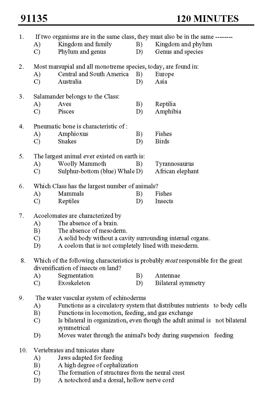 Kerala SET Zoology Exam 2011 Question Code 91135 1