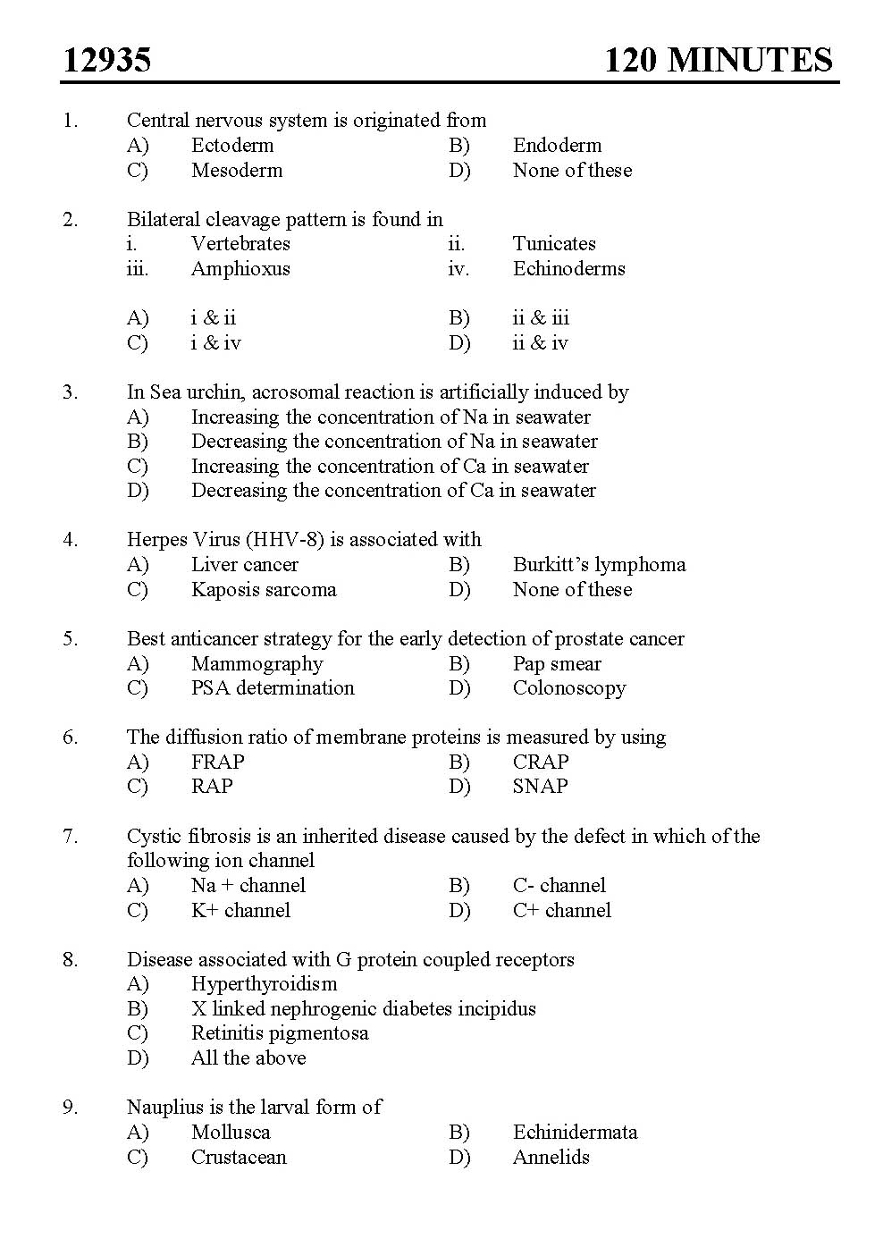 Kerala SET Zoology Exam 2012 Question Code 12935 1