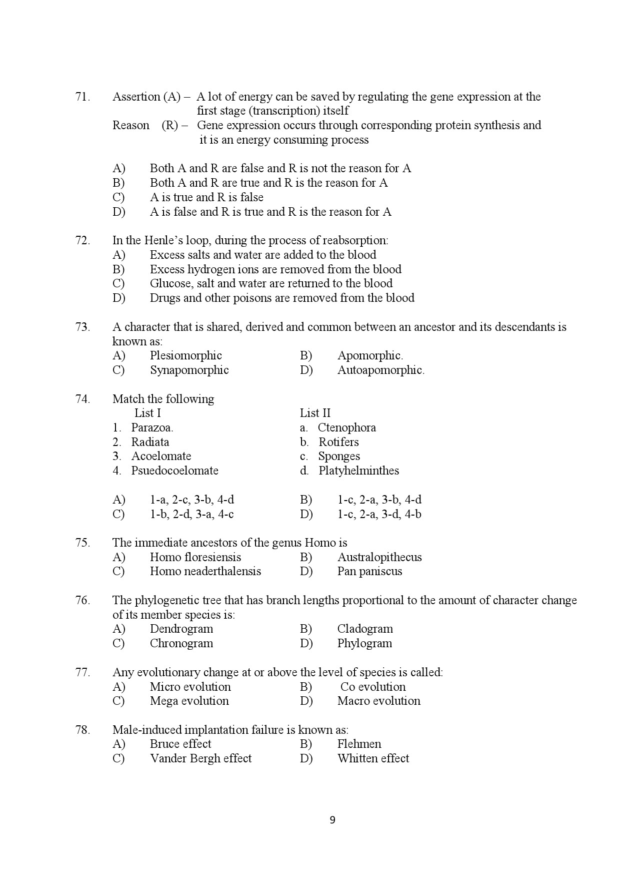 Kerala SET Zoology Exam Question Paper February 2020 9