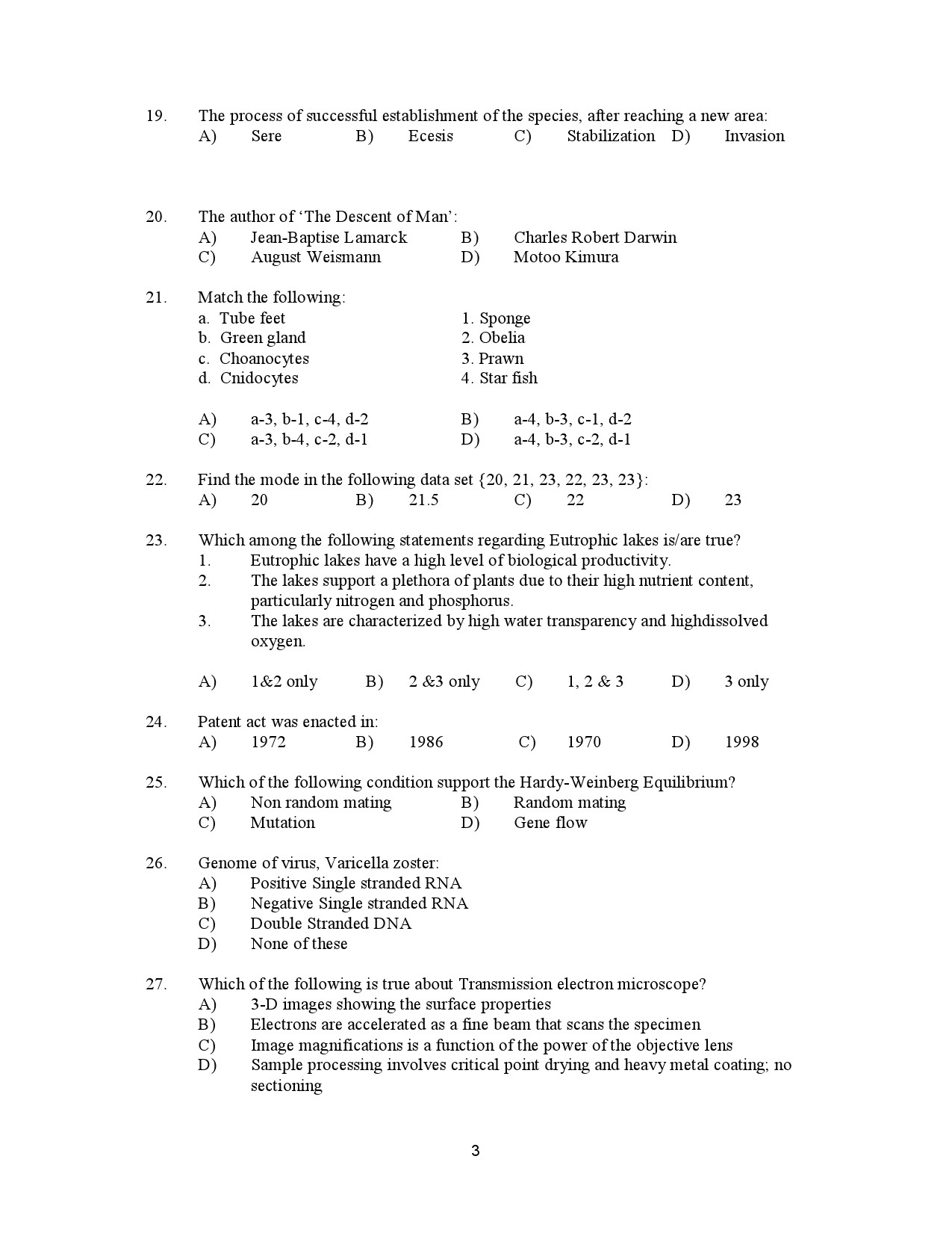 Kerala SET Zoology Exam Question Paper January 2023 3
