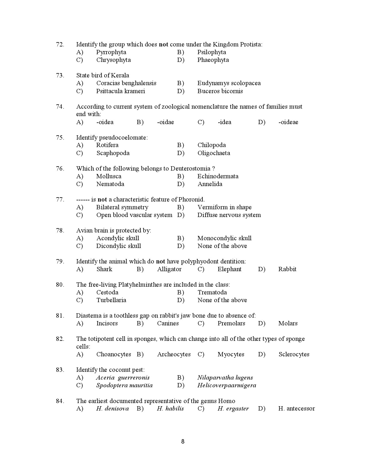 Kerala SET Zoology Exam Question Paper January 2023 8