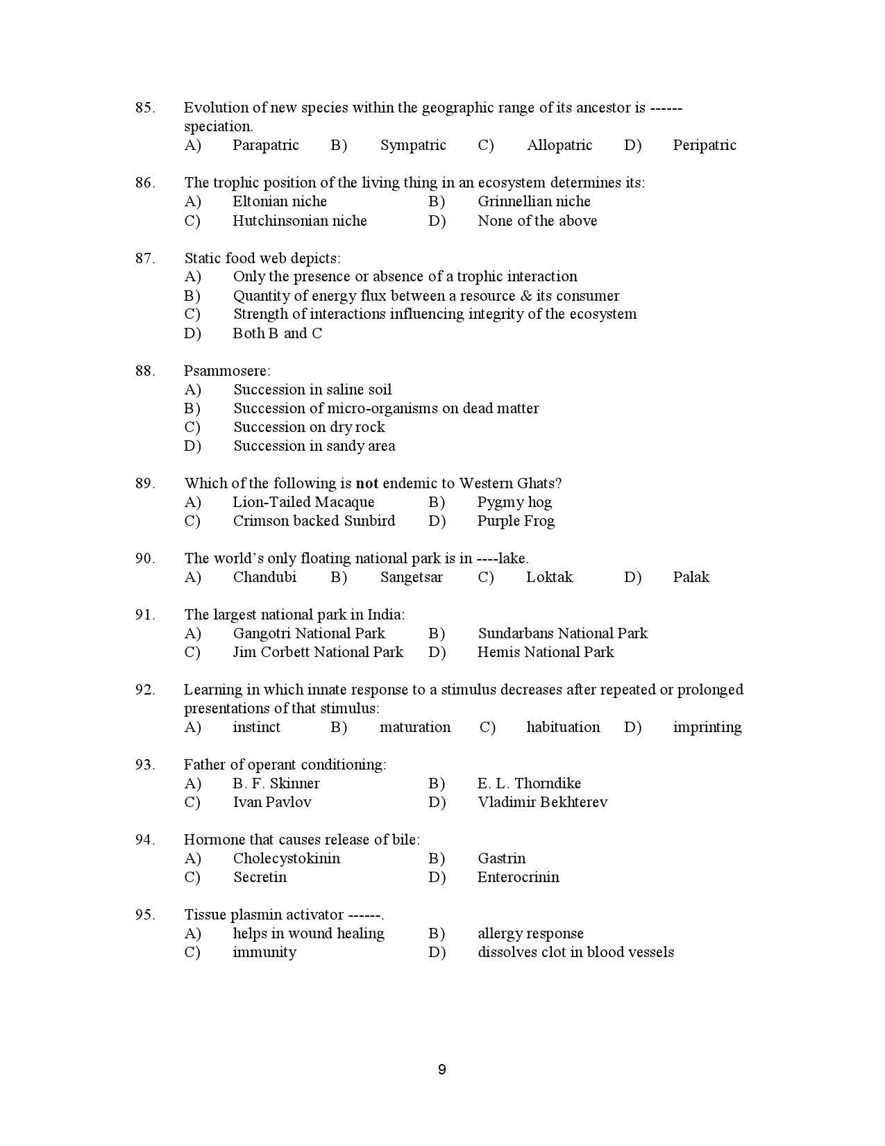 Kerala SET Zoology Exam Question Paper January 2023 9