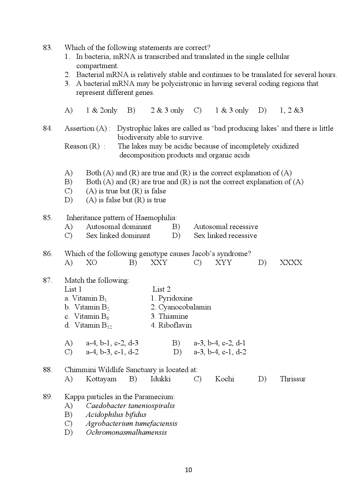 Kerala SET Zoology Exam Question Paper January 2024 10