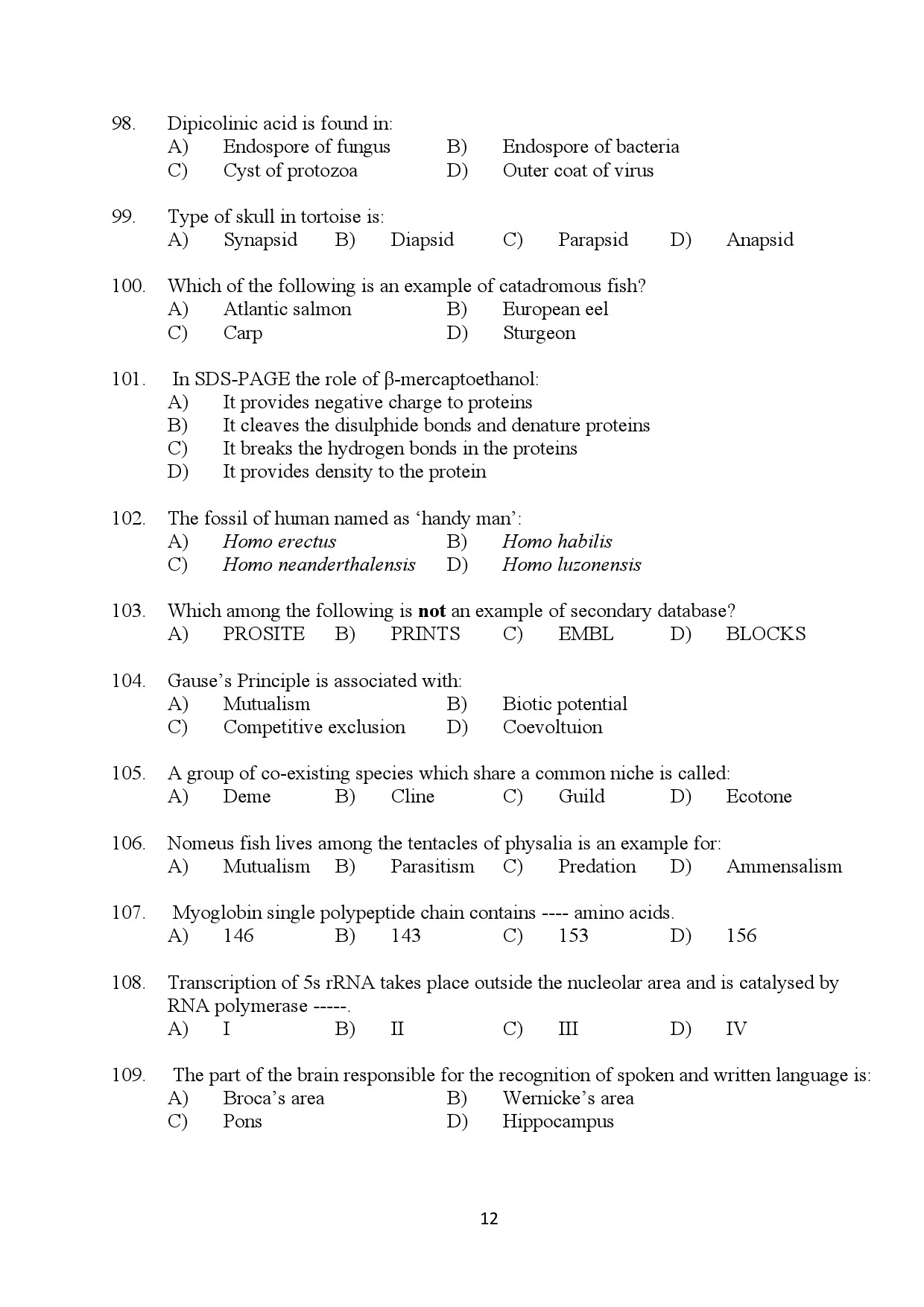 Kerala SET Zoology Exam Question Paper January 2024 12