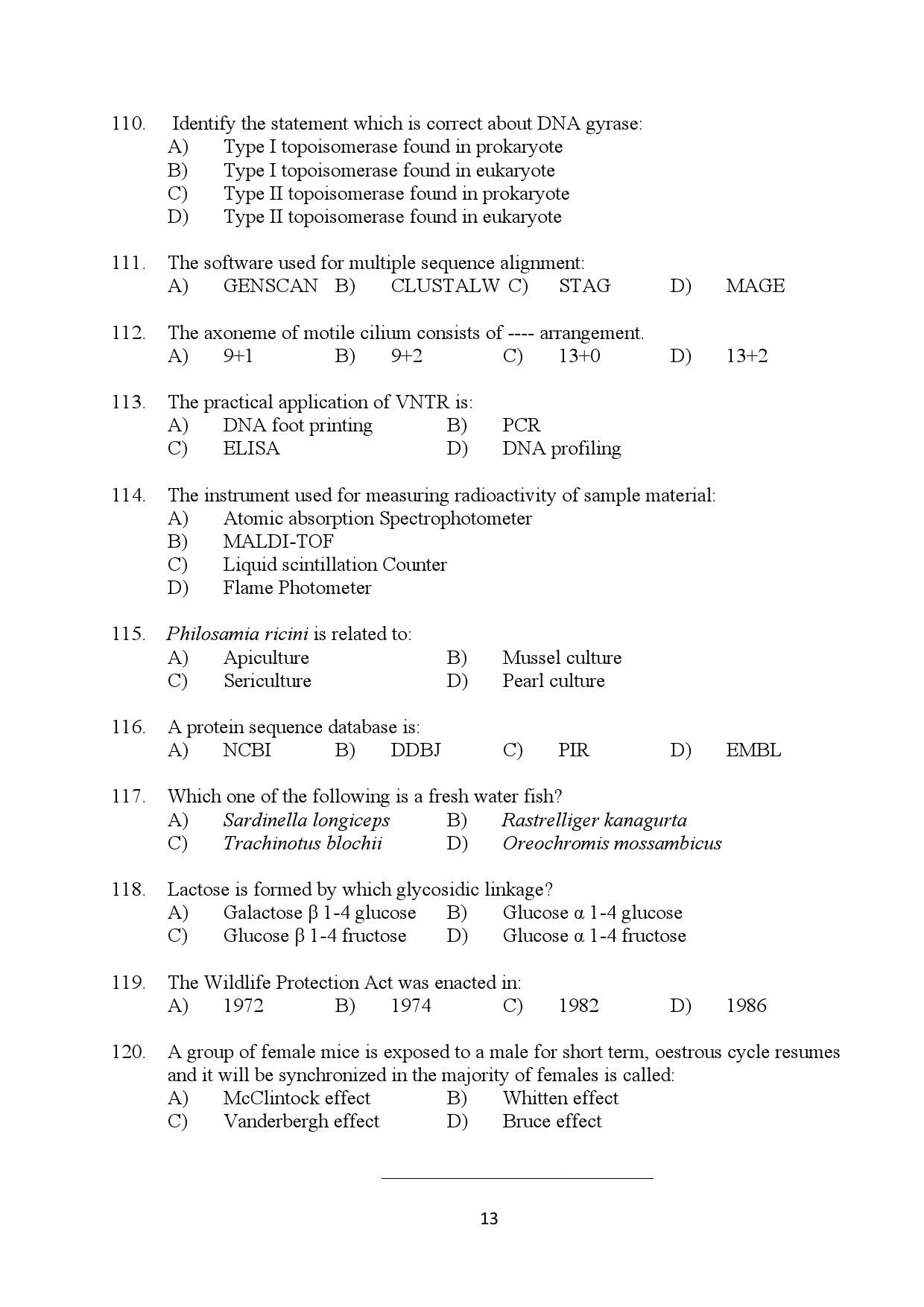 Kerala SET Zoology Exam Question Paper January 2024 13